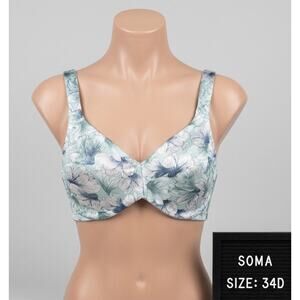 Soma Sensuous Sides Minimizer 34D Bra Sage Green Floral Satin Underwire